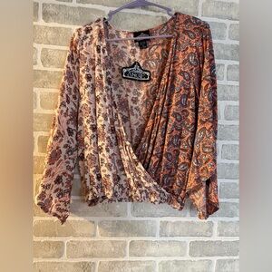 Angie Women's Floral Paisley Wrap Blouse - Pink and Orange